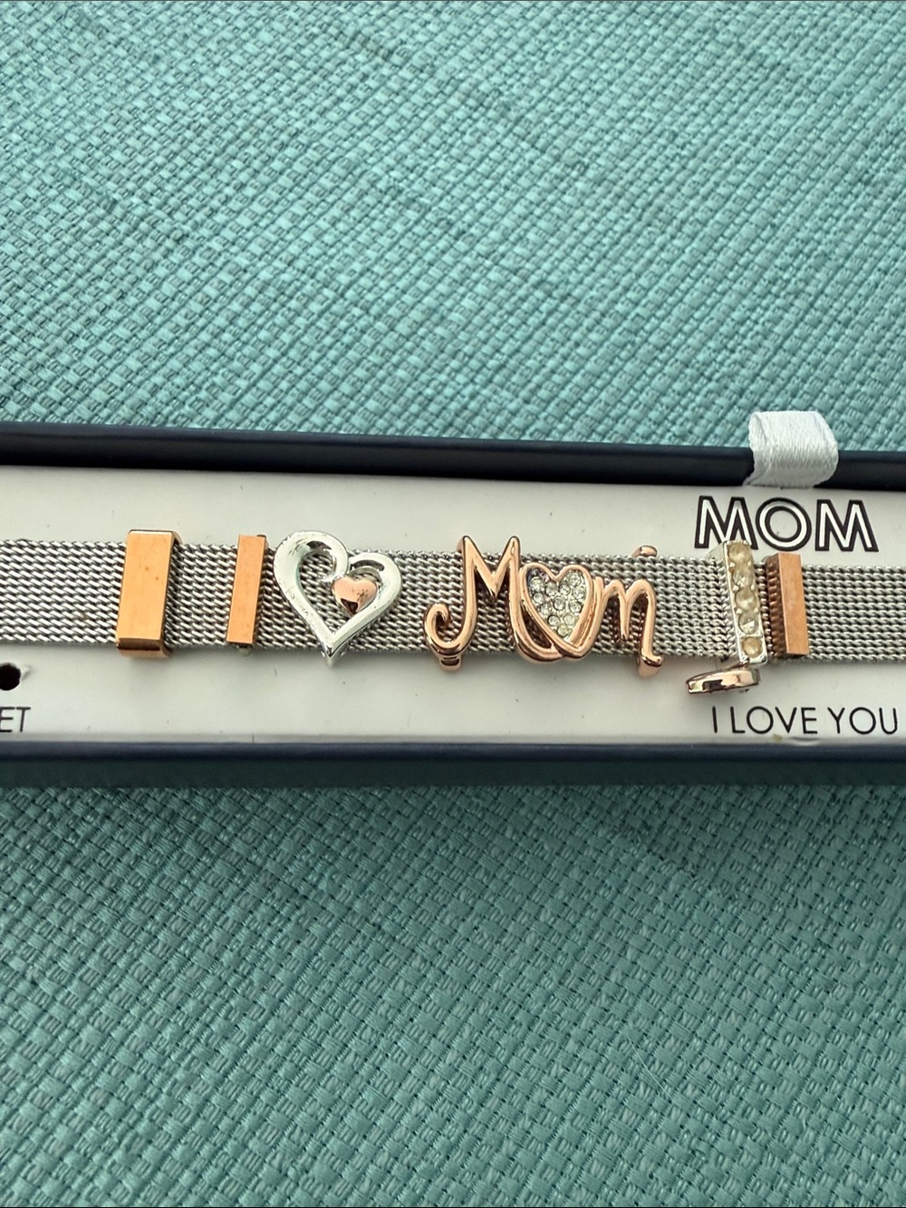 I ❤️ Mom Heart Charm Mesh Bracelet in Rose Gold & Silver Tones
